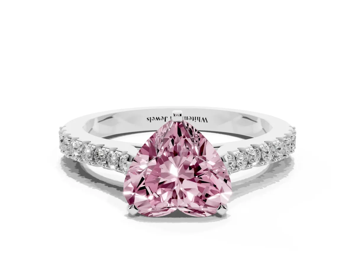 Fancy Pink Heart Cut Cut Solitaire Diamond Engagement Ring with Pave Band and Four-Prong Setting Platinum