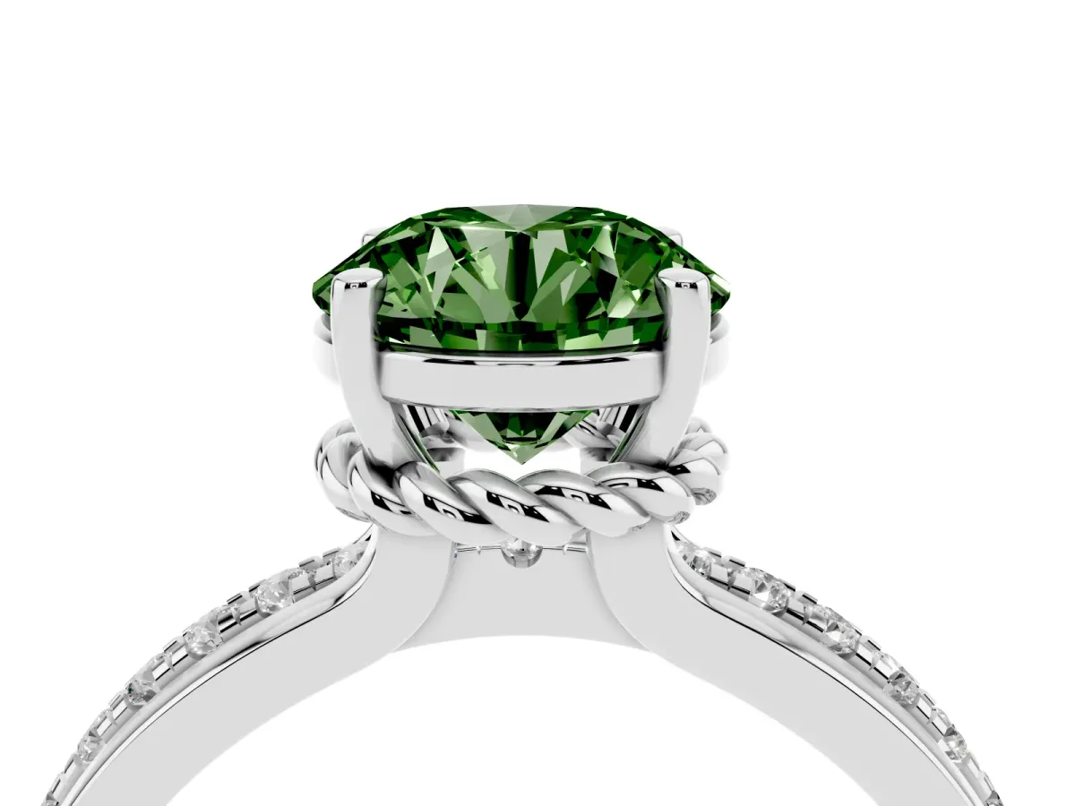 Fancy Green Round Cut Solitaire Diamond Ring with Channel Set Band and Six-Prong Setting Silver
