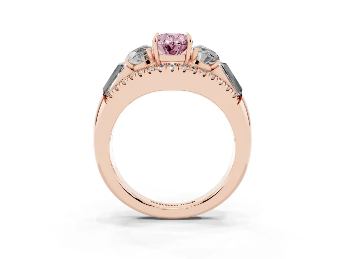 Fancy Pink Three-Stone Oval Cut Diamond Engagement Ring with Pave Band and Prong Setting Rose gold
