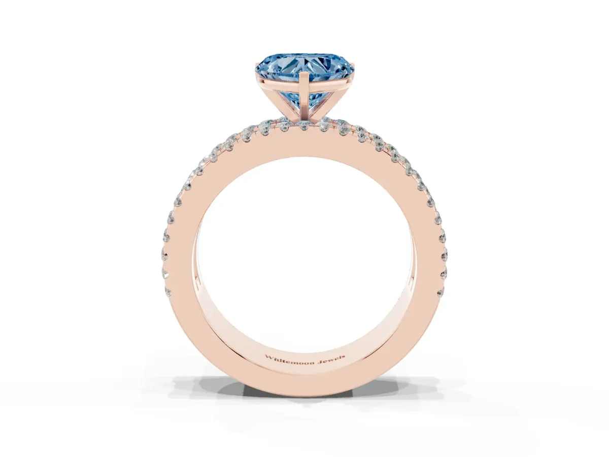 Fancy Blue Heart Cut Diamond Solitaire Ring with Pavé and Channel Set Band Rose gold