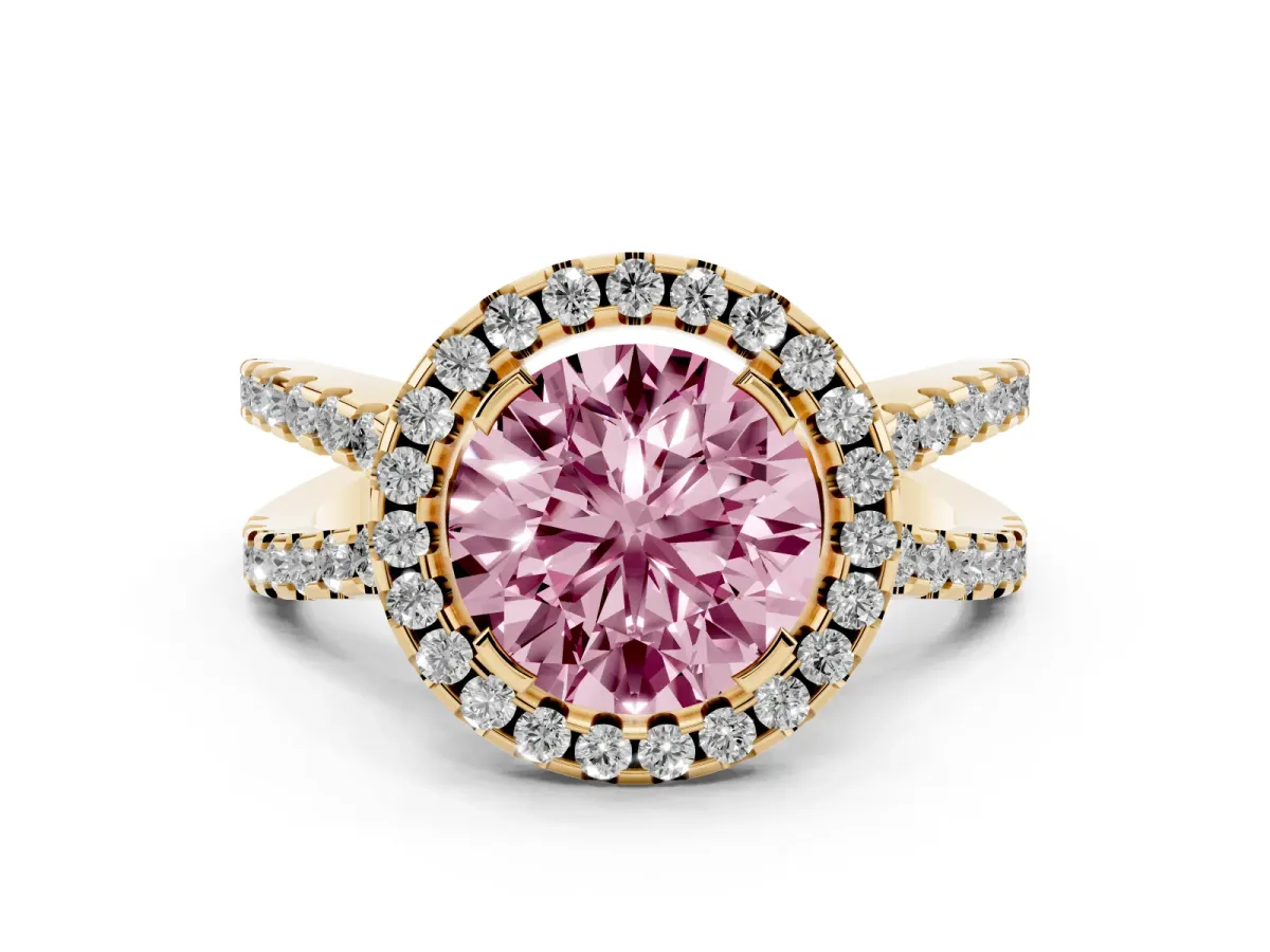 Fancy Pink Round Cut Diamond Halo Ring with Split Shank Pavé Band and Prong Setting Yellow gold