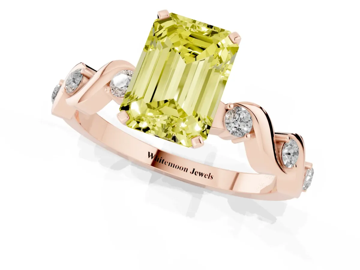 Fancy Yellow Emerald Cut Diamond Solitaire Twisted Band with Round Accents and Prong Setting Rose gold
