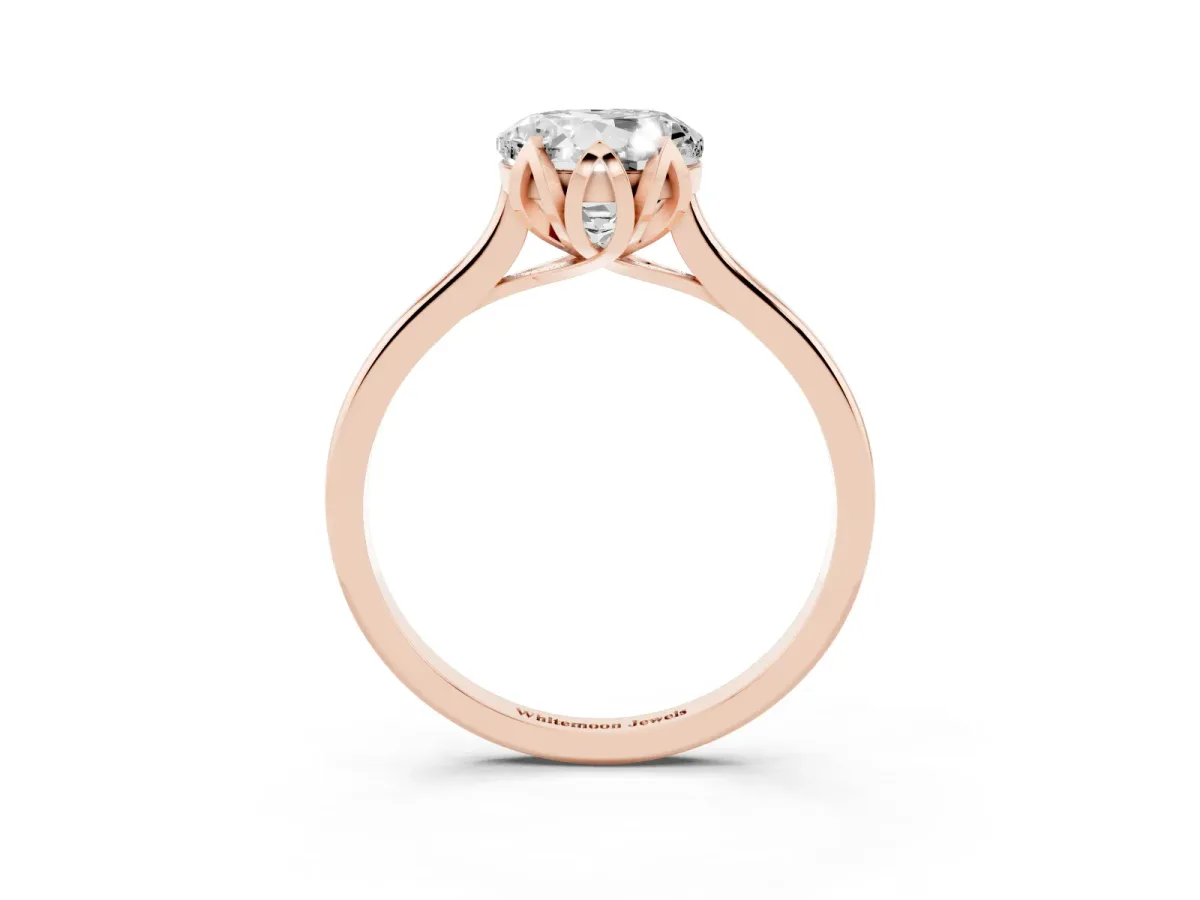 Round Cut Diamond Solitaire Ring with Flower Prong Setting and Classic Band Rose gold