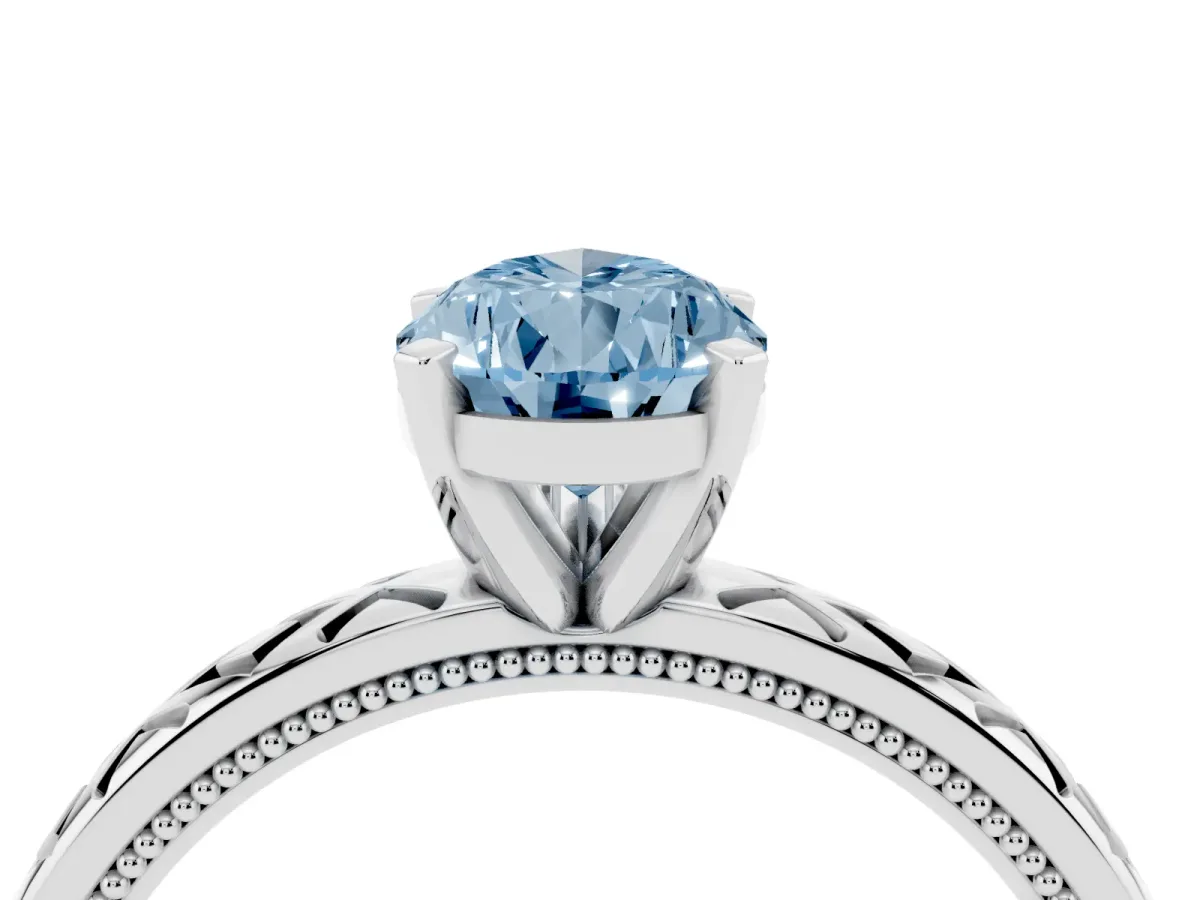 Fancy Blue Pear Cut Solitaire Diamond Ring with Milgrain and Black Enamel X Pattern Band Silver