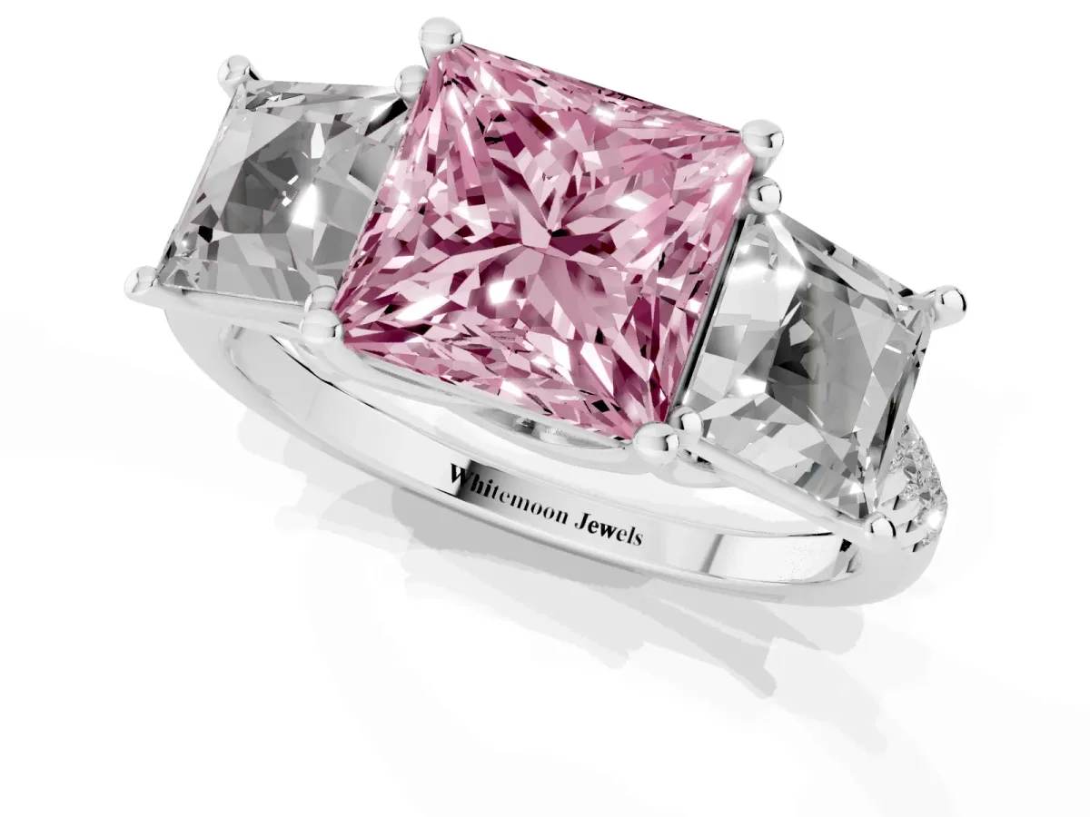 Fancy Pink Three-Stone Princess Cut Diamond Ring with Round Pavé Band and Prong Setting Silver