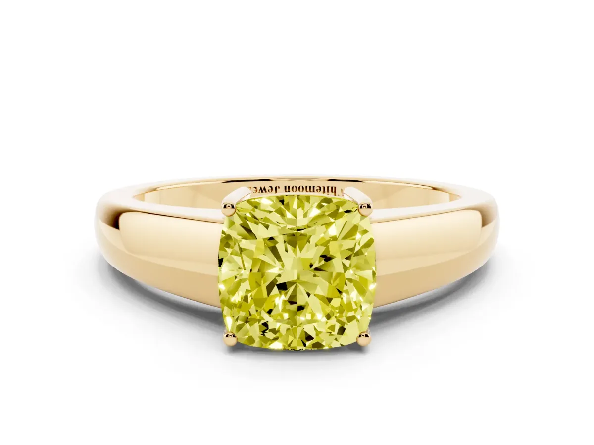 Fancy Yellow Cushion Cut Solitaire Diamond Ring with Tapered Band and Four-Prong Setting Yellow gold