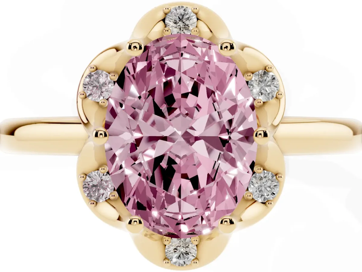 Fancy Pink Oval Cut Halo Diamond Ring with Round Cluster Setting, Solitaire Band, and Four-Prong Setting Yellow gold