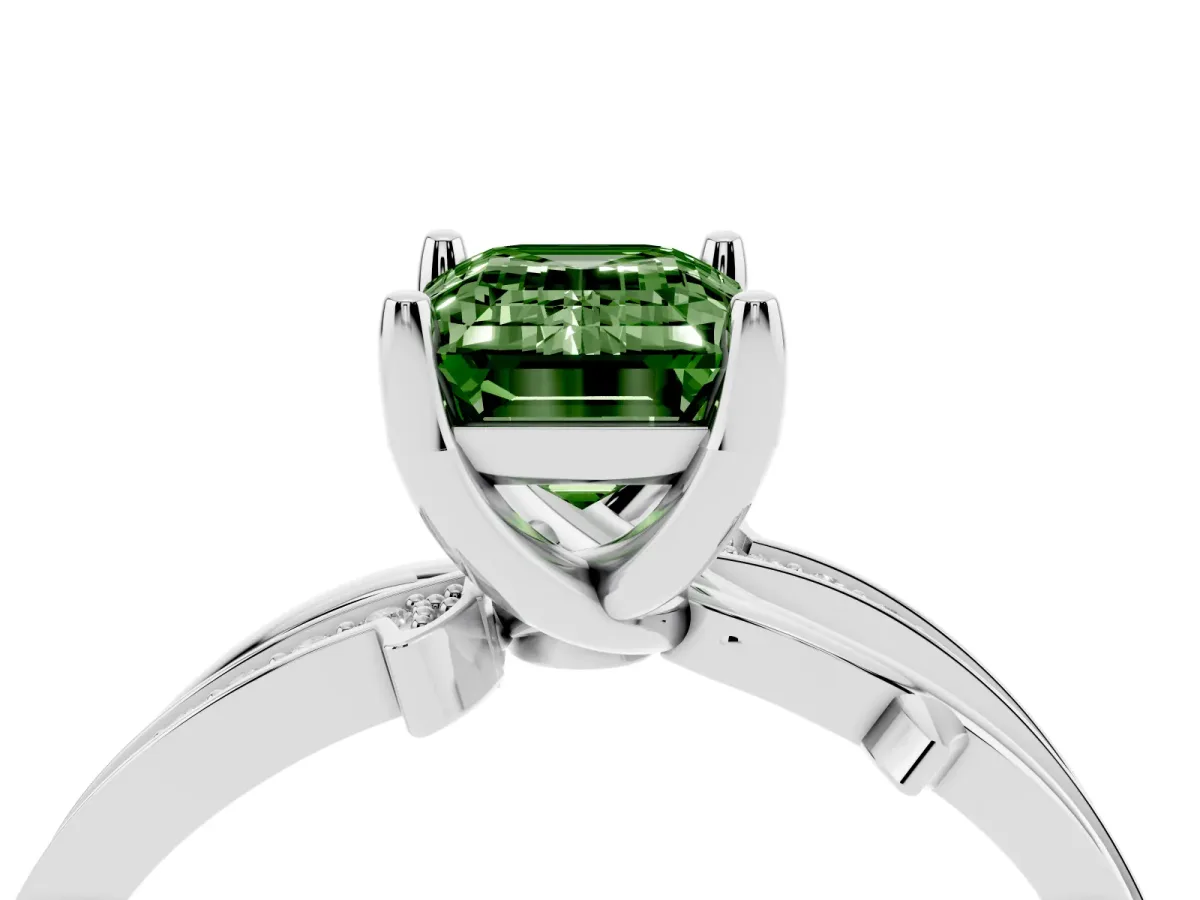 Fancy Green Emerald Cut Solitaire Twist Band with Pavé Accents and Four-Prong Setting Silver