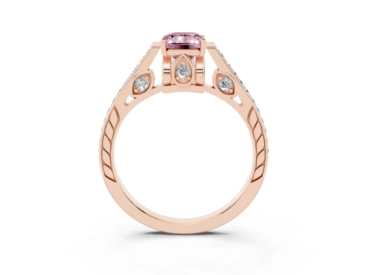 Fancy Pink Emerald Cut Cut Cathedral Pave Diamond Engagement Ring with Six-Prong Setting Rose gold