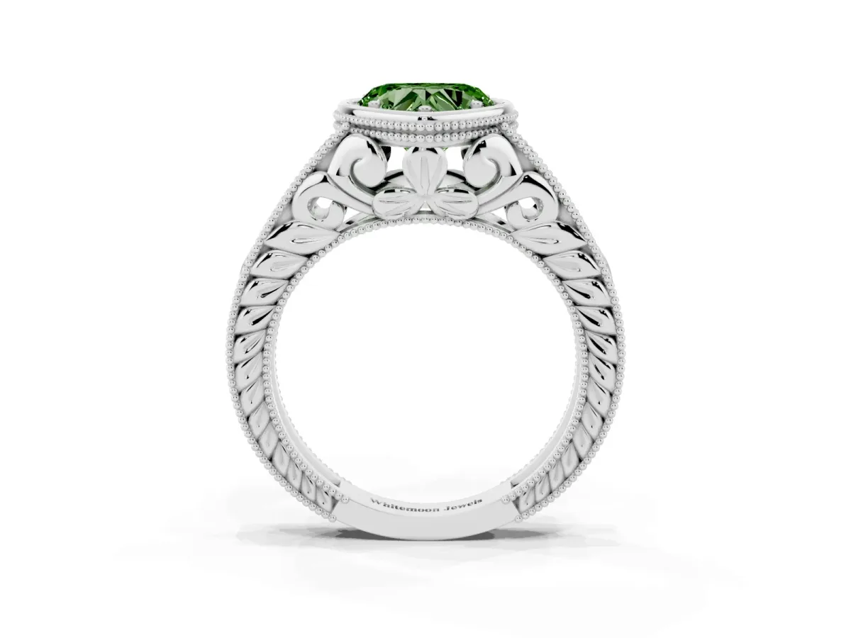 Fancy Green Bezel Set Heart Cut Diamond Milgrain Pave Engagement Ring Platinum