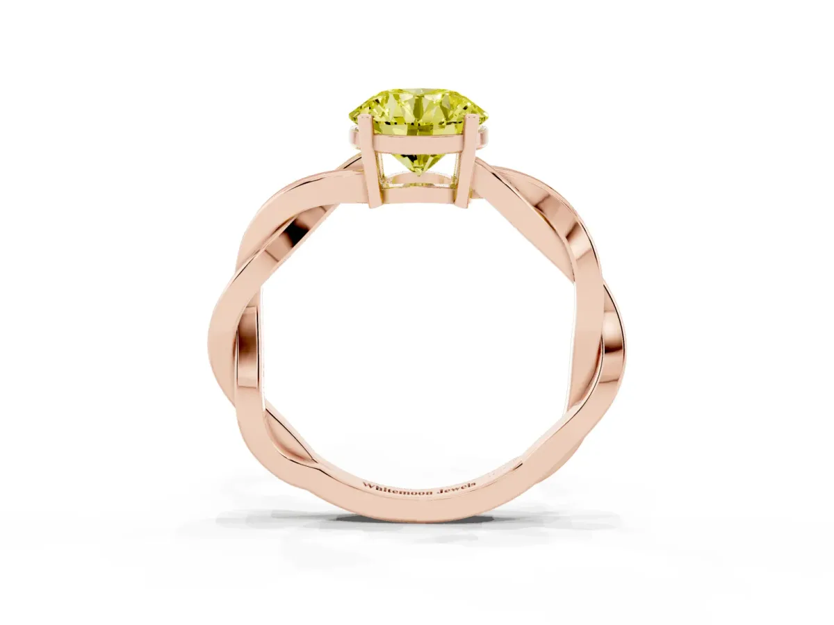Fancy Yellow Round Cut Solitaire Twisted Pave Diamond Ring with Four-Prong Setting Rose gold