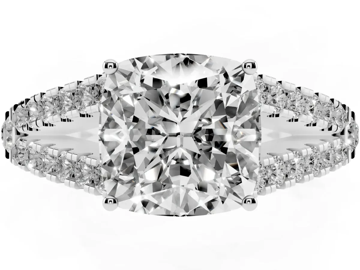Cushion Cut Diamond Split Shank Engagement Ring with Round Pavé and Prong Setting Silver