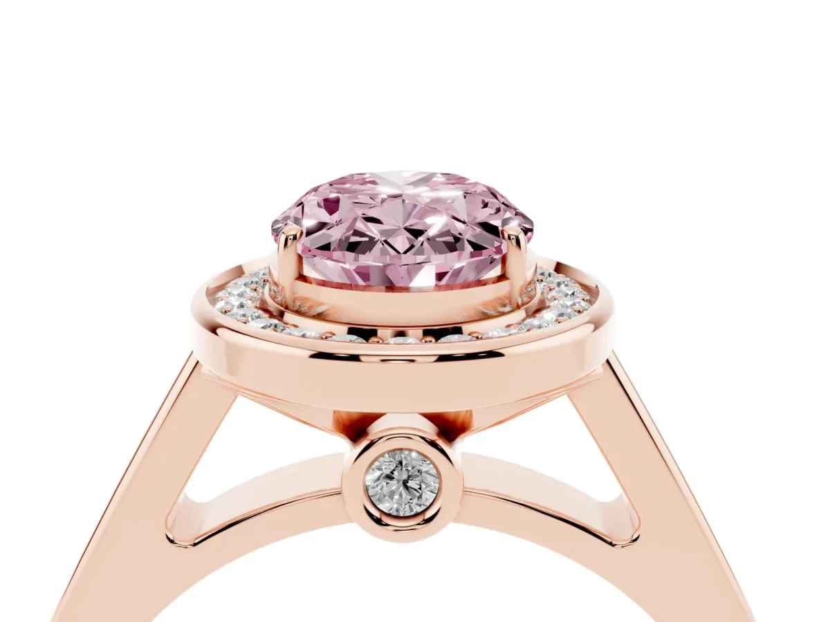 Fancy Pink Oval Cut Halo Solitaire Diamond Ring with Pave Band and Bezel Setting Rose gold
