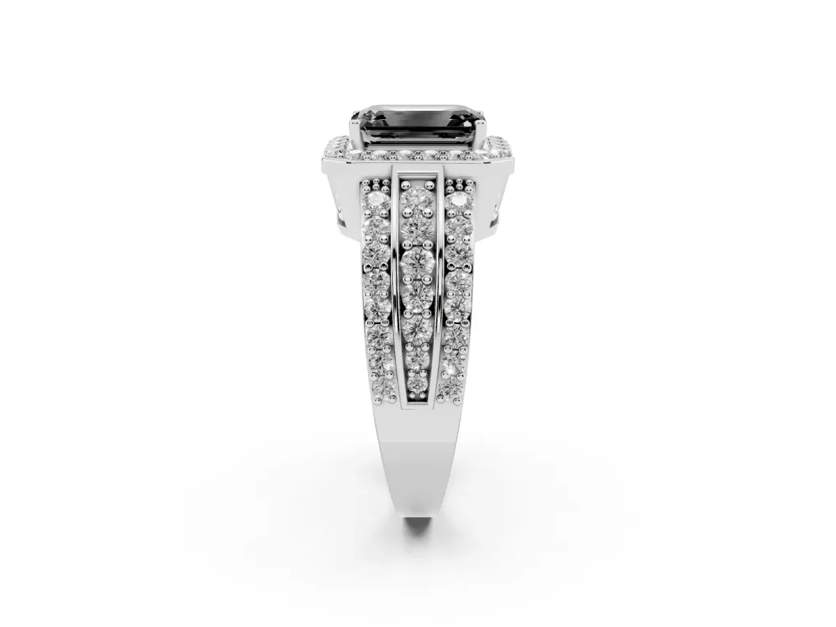 Fancy Black Emerald Cut Halo Diamond Ring with Round Split Shank and Prong Setting Platinum