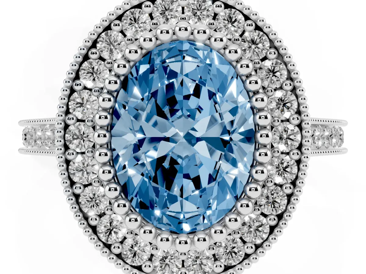 Fancy Blue Oval Cut Diamond Halo Ring with Milgrain Frame and Pavé Band Silver