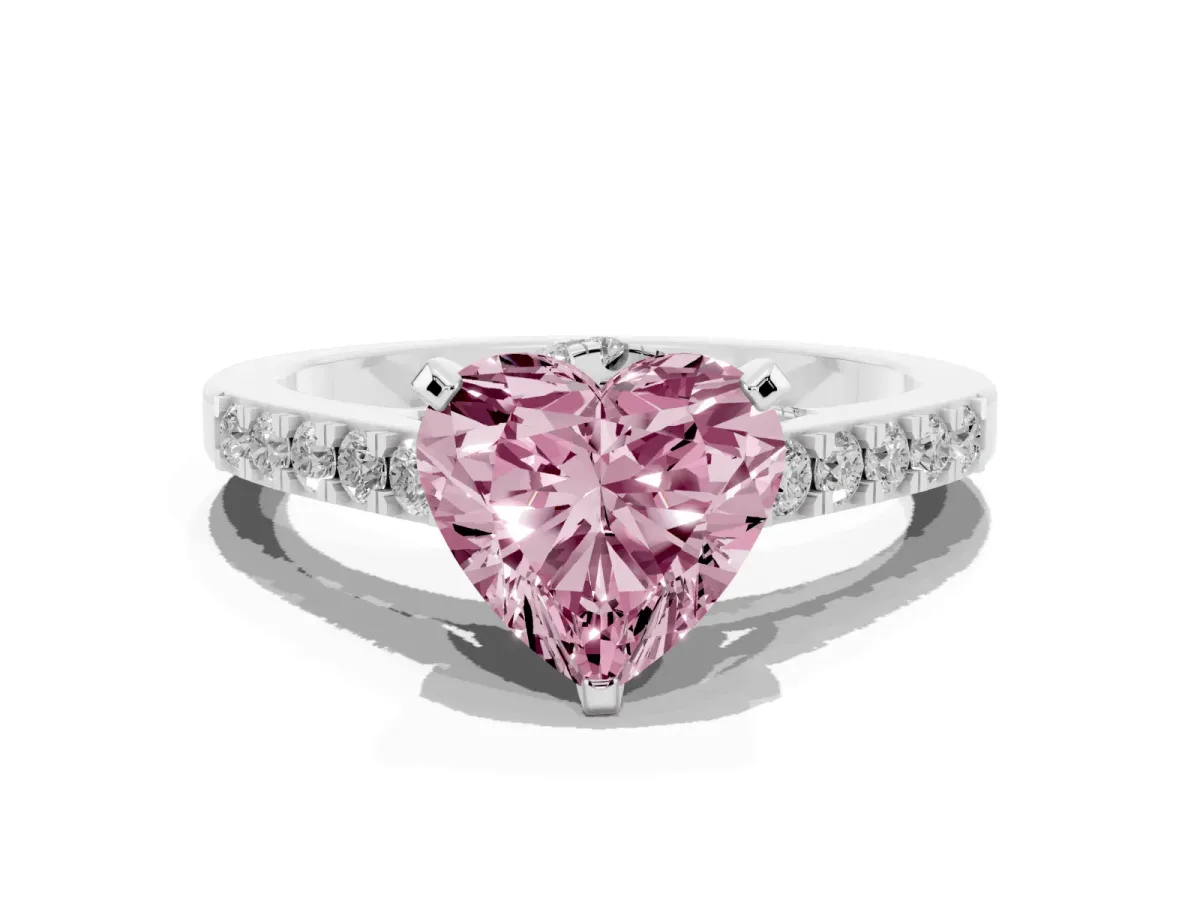 Fancy Pink Heart Cut Diamond Solitaire Ring with Crossover Gallery and Round Pavé Band White gold