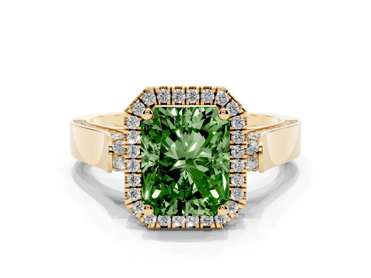 Fancy Green Radiant Cut Halo Pave Split Shank Prong Setting Ring Yellow gold