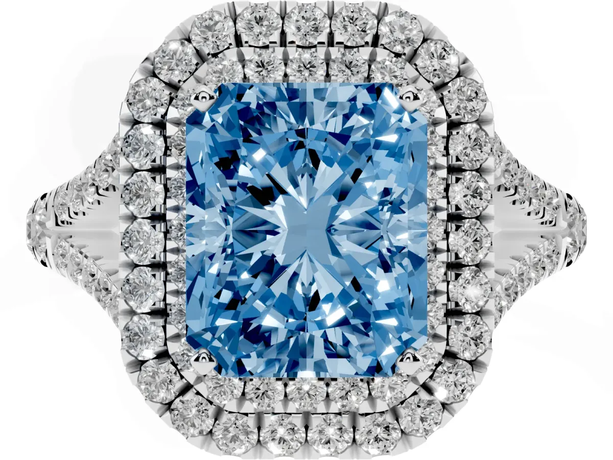 Fancy Blue Radiant Cut Diamond Double Halo Ring with Split Shank and Prong Setting Platinum