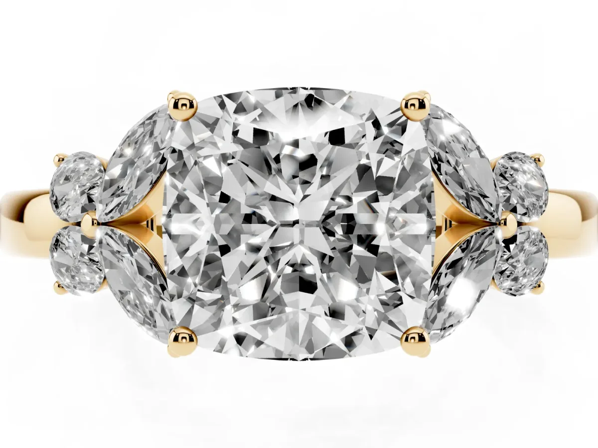 Cushion Cut Cut Solitaire Floral Diamond Ring with Four-Prong Setting Yellow gold