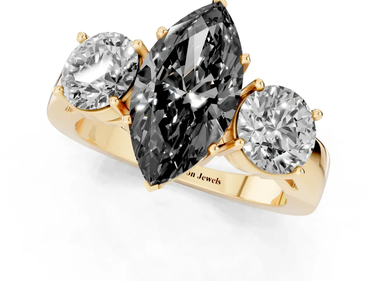 Fancy Black Three-Stone Marquise Cut Diamond Ring with Round Side Stones, Classic Band, and Four-Prong Setting Yellow gold
