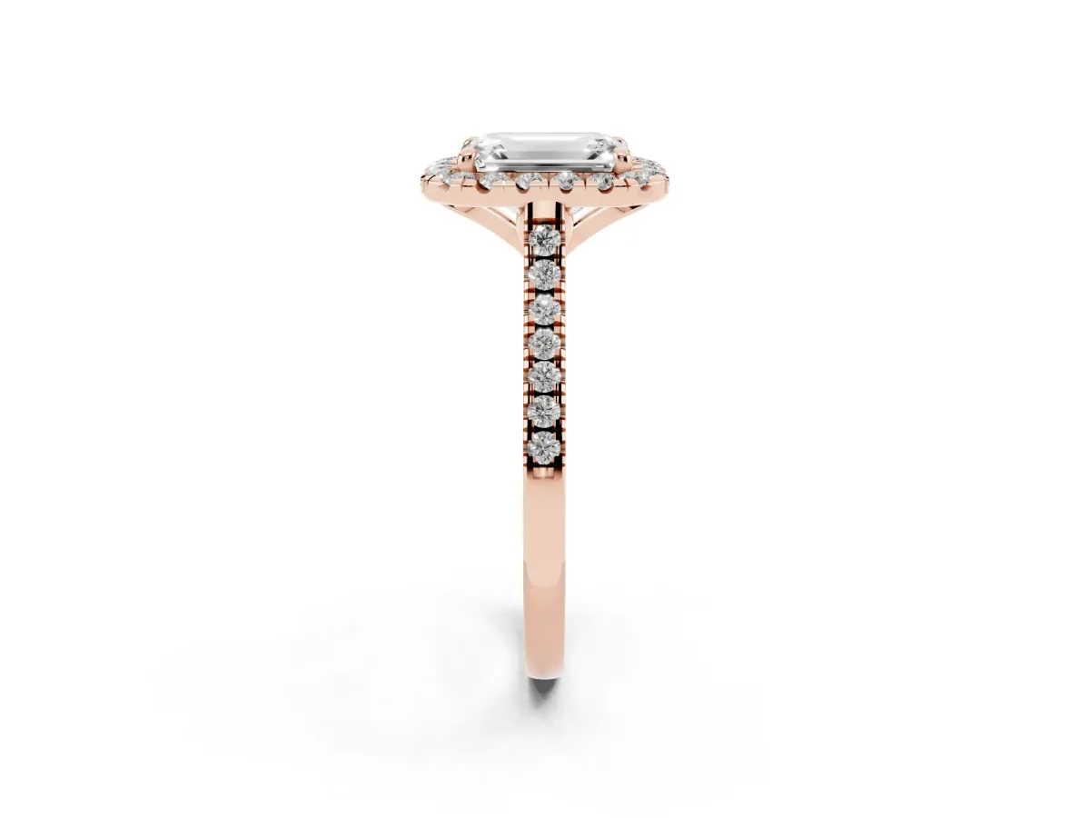 Emerald Cut Diamond Cushion Halo Ring with Pavé Band Rose gold