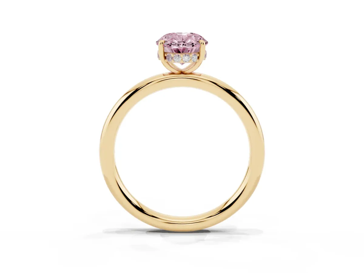 Fancy Pink Oval Cut Diamond Solitaire Ring with Thin Band and Four-Prong Setting Yellow gold