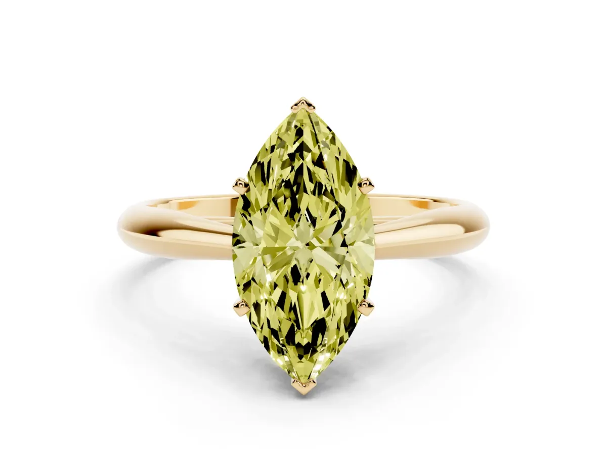 Fancy Yellow Marquise Cut Diamond Solitaire Engagement Ring with Cathedral Setting and Four-Prong Mount Yellow gold
