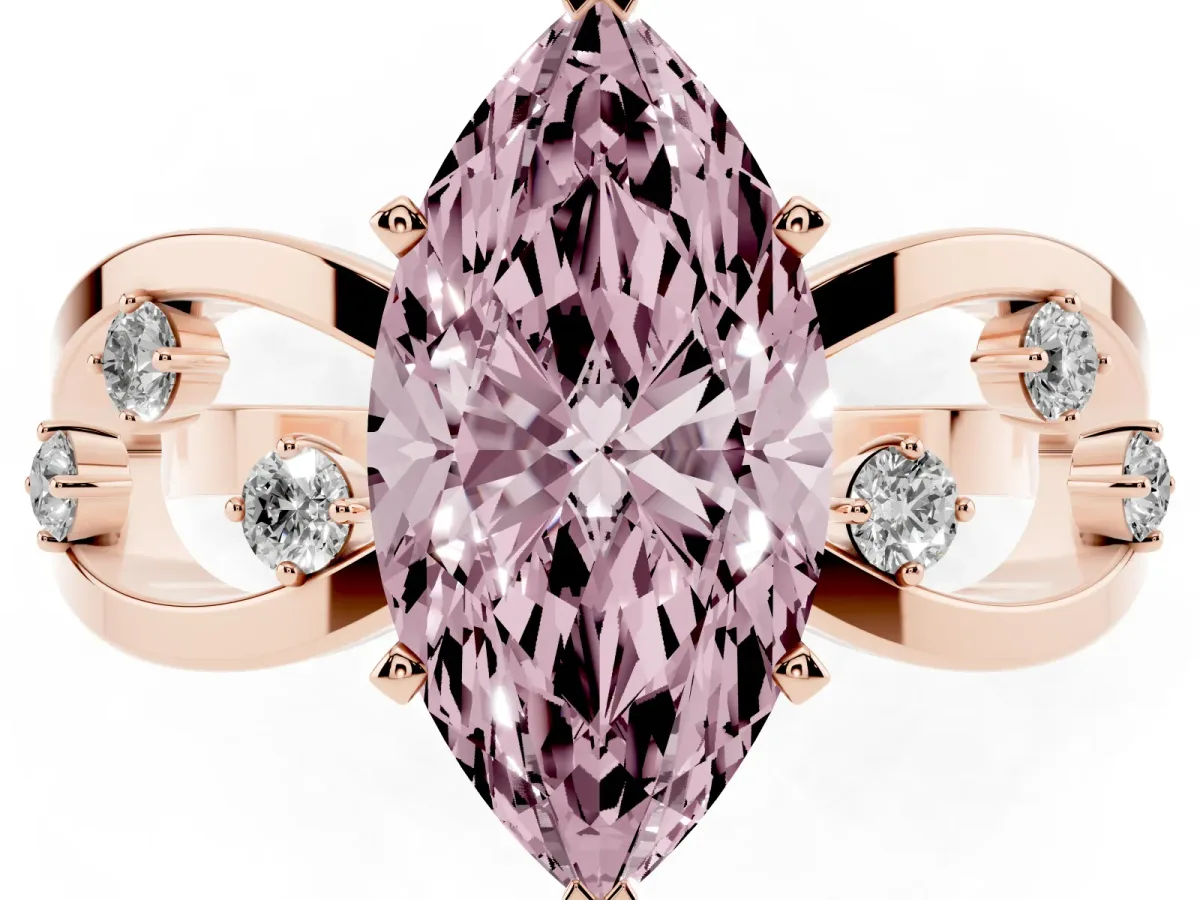 Fancy Pink Marquise Cut Cut Solitaire Diamond with Side Stones on Criss-Cross Band and Four-Prong Setting Rose gold