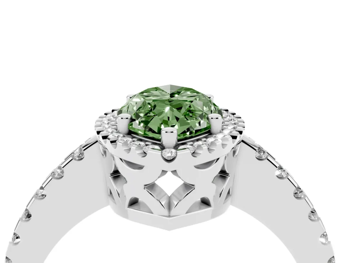 Fancy Green Marquise Cut Diamond Halo Engagement Ring with Pavé Band and Prong Setting Silver