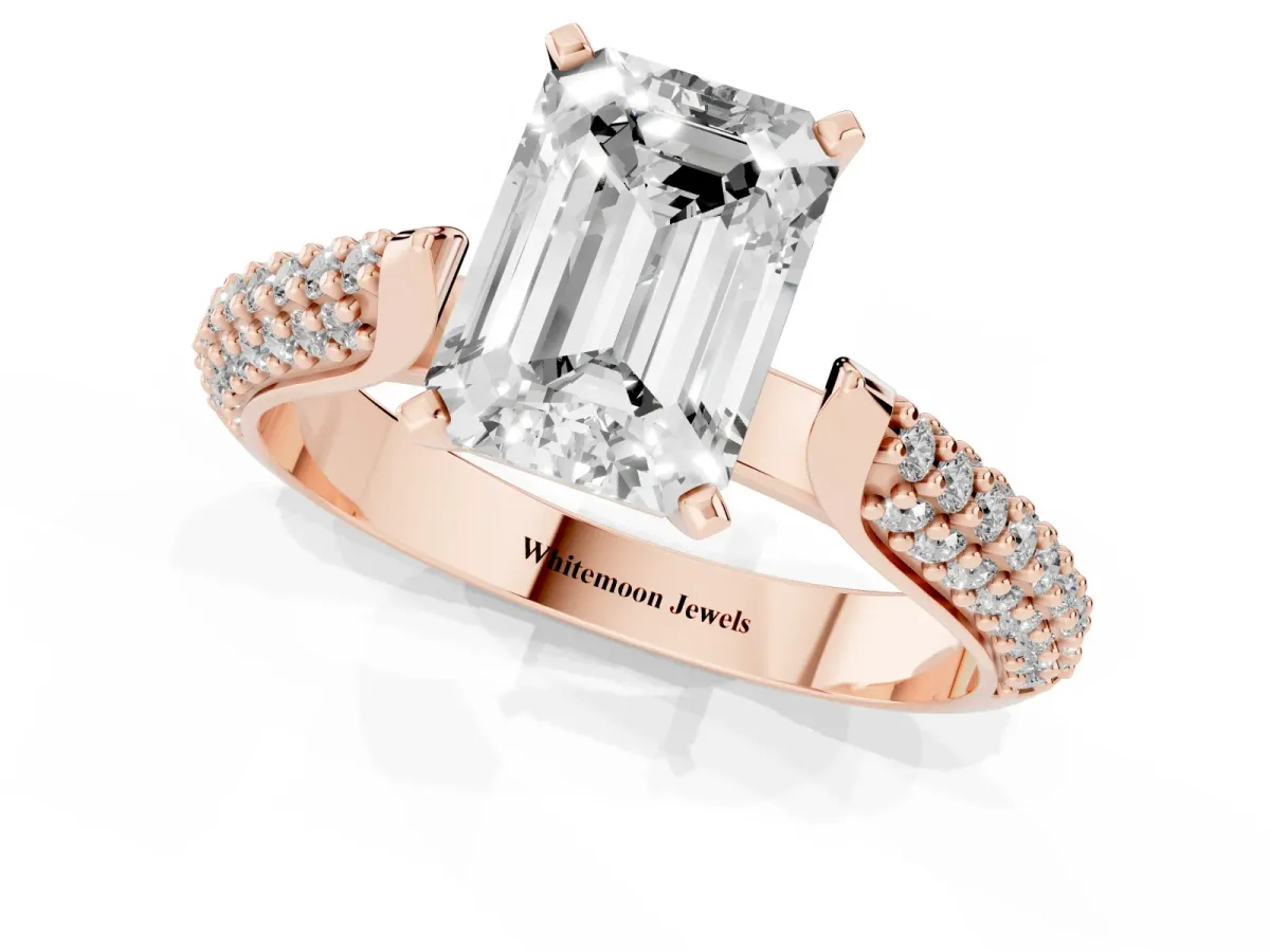 Emerald Cut Diamond Solitaire Engagement Ring with Multi-Row Round Pavé Band and Prong Setting Rose gold