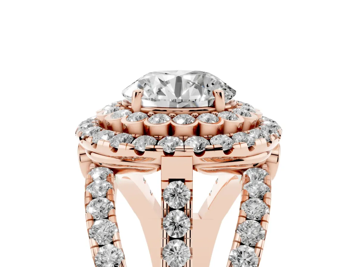 Round Cut Diamond Double Halo Ring with Round Pavé Split Shank and Prong Setting Rose gold