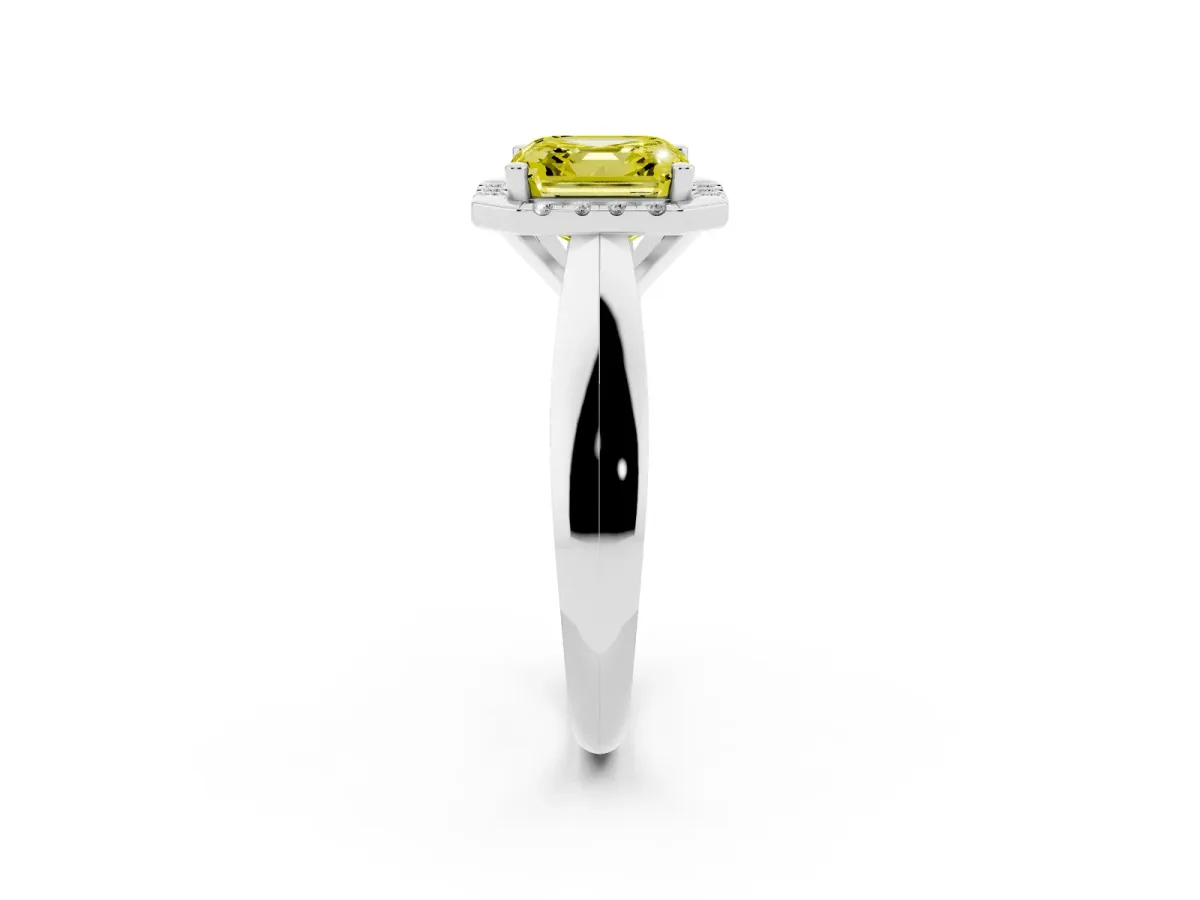 Fancy Yellow Asscher Cut Cut Halo Solitaire Engagement Ring with Square Band and Four-Prong Setting Platinum