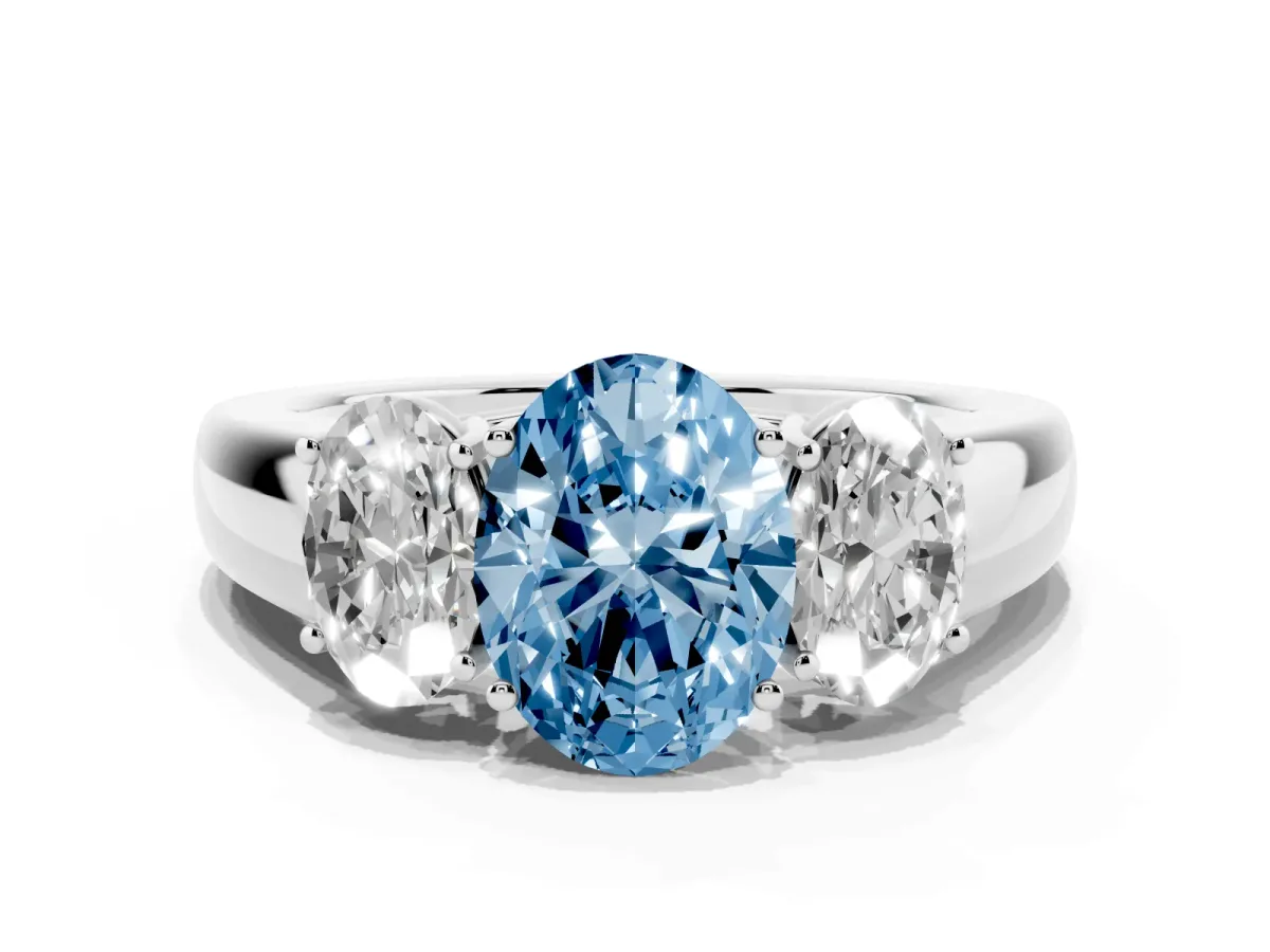 Fancy Blue Three-Stone Oval Cut Cut Diamond Ring with Prong Setting and Classic Band Silver