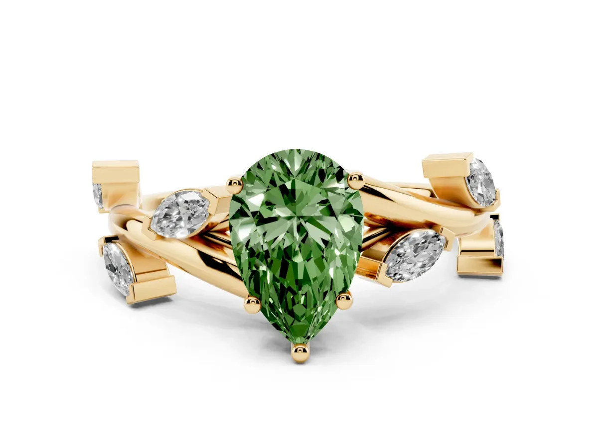 Fancy Green Pear Cut Solitaire Twisted Band Marquise Accent Prong Setting Ring Yellow gold