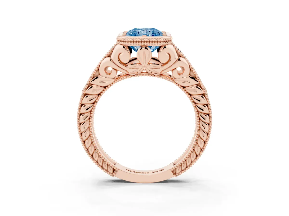 Fancy Blue Bezel Set Radiant Cut Diamond Milgrain Pave Engagement Ring Rose gold