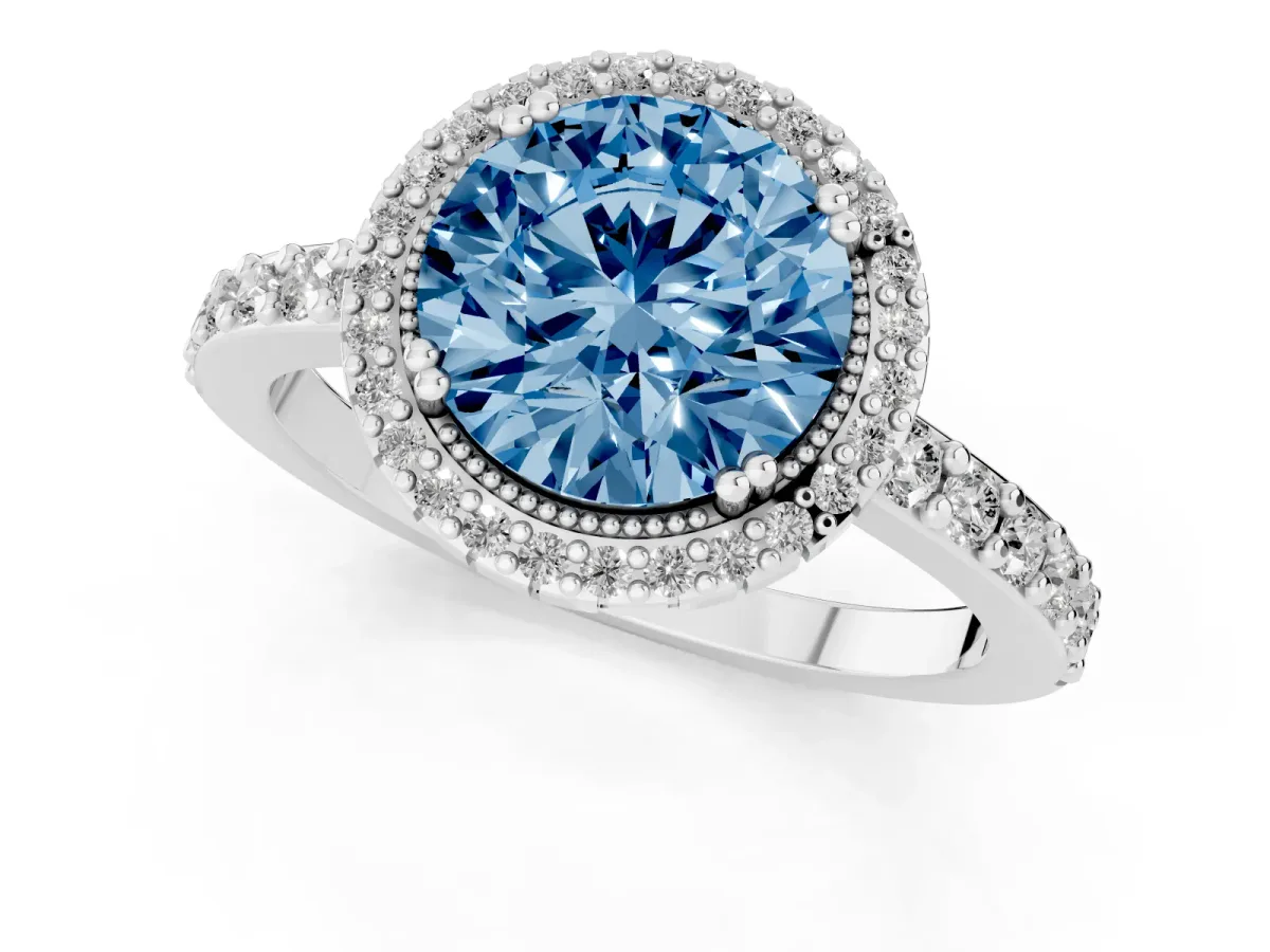 Fancy Blue Round Cut Cut Diamond Halo Engagement Ring with Milgrain Detail and Pavé Band Silver
