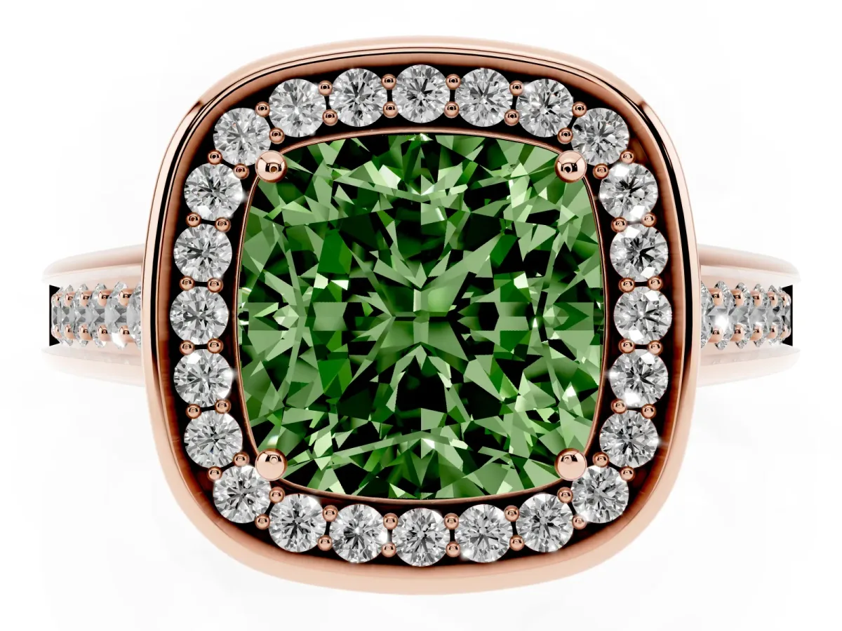 Fancy Green Cushion Cut Halo Solitaire Diamond Ring with Pave Band and Bezel Setting Rose gold