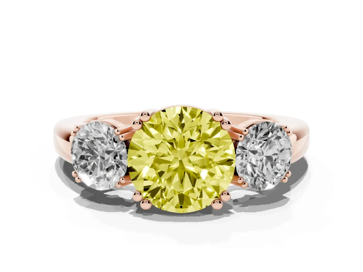Fancy Yellow Three-Stone Round Cut Cut Diamond Ring with Channel Set Band and Four-Prong Setting Rose gold