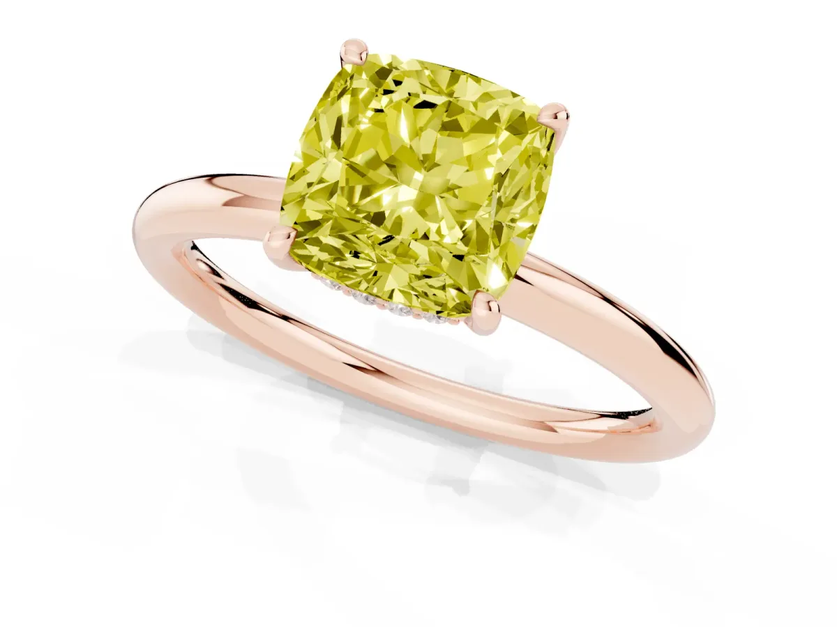Fancy Yellow Cushion Cut Diamond Solitaire Ring with Thin Band and Four-Prong Setting Rose gold