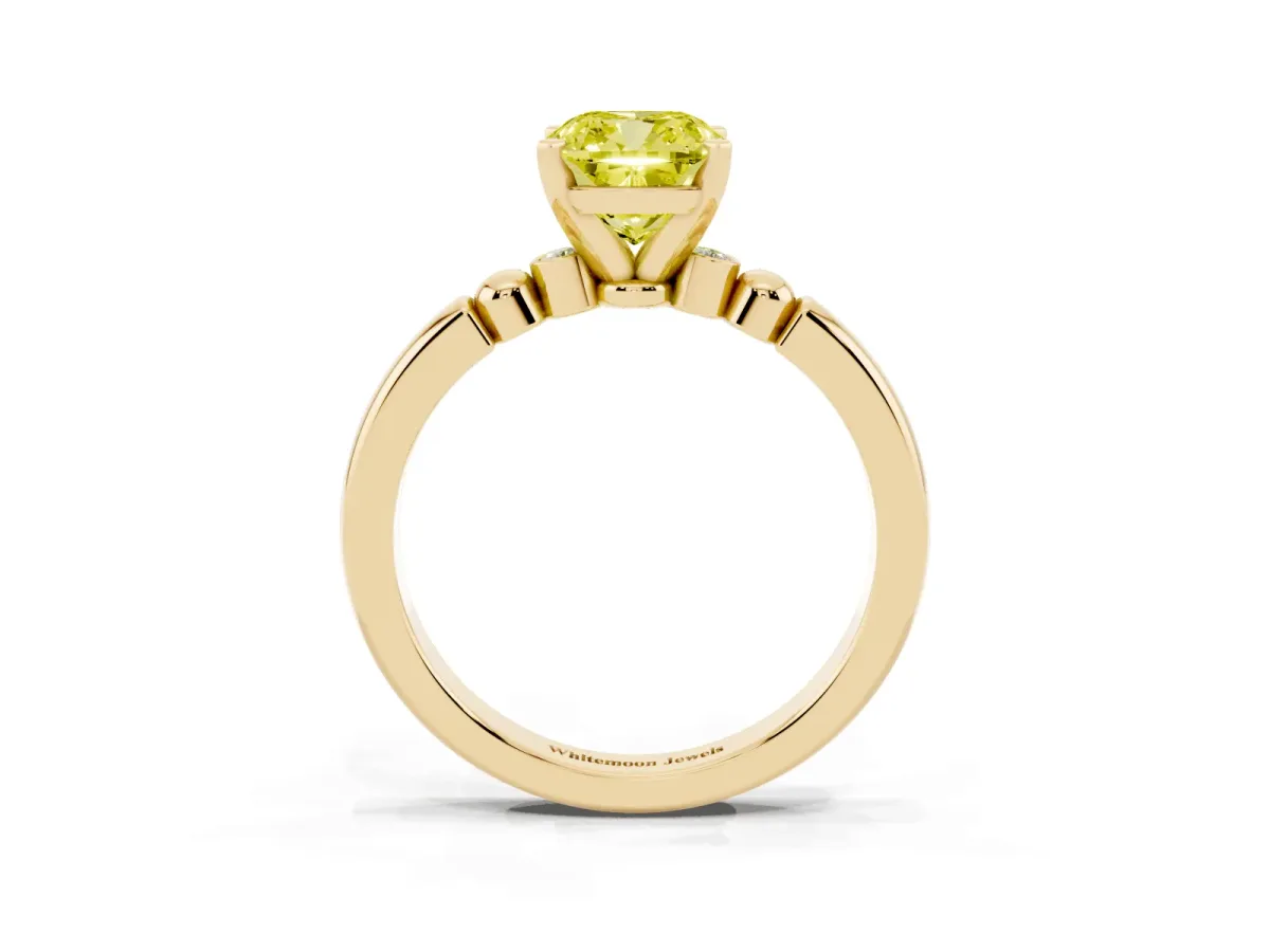 Fancy Yellow Cushion Cut Solitaire Beaded Band with Four-Prong Setting Yellow gold
