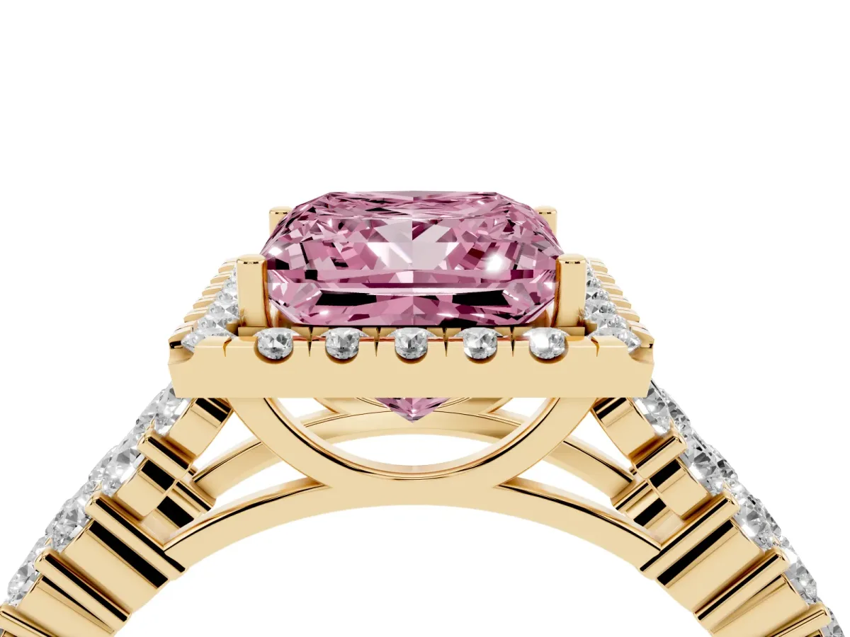 Fancy Pink Princess Cut Diamond Halo Engagement Ring with Triple Row Round Pavé Band and Prong Setting Yellow gold