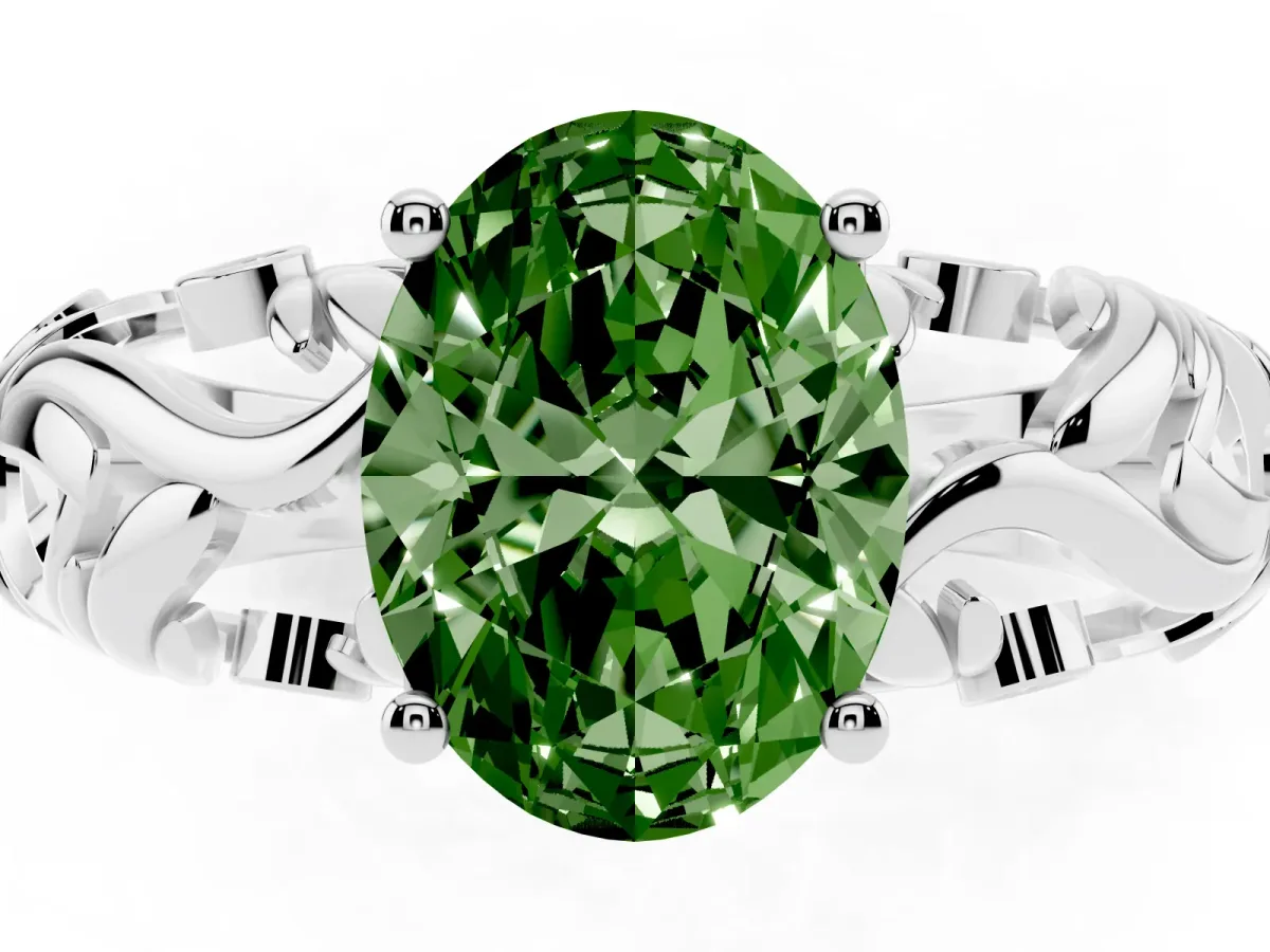 Fancy Green Oval Cut Solitaire Diamond Leaf-Inspired Vine Band Ring with Prong Setting Platinum