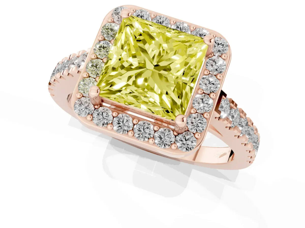 Fancy Yellow Princess Cut Diamond Halo Ring with Round Pavé Split Shank and Prong Setting Rose gold