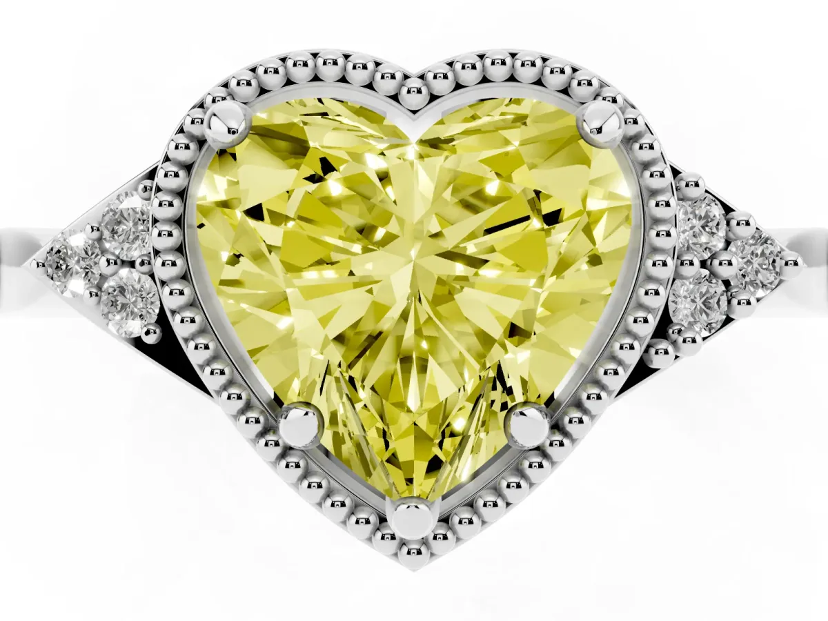 Fancy Yellow Milgrain Heart Cut Cut Diamond Ring with Tapered Pave Band and Four Prong Setting Silver