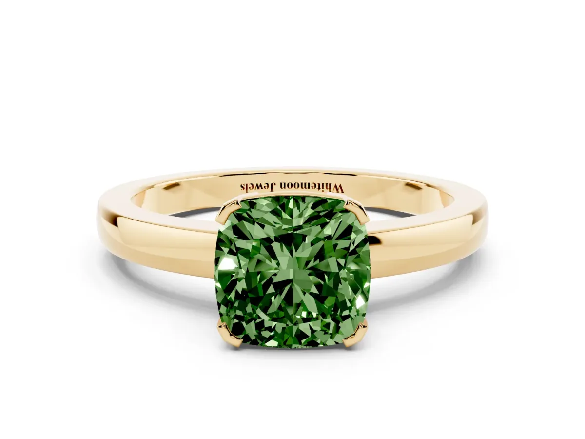 Fancy Green Cushion Cut Cut Solitaire Ring with Four-Prong Setting and Classic Band Yellow gold