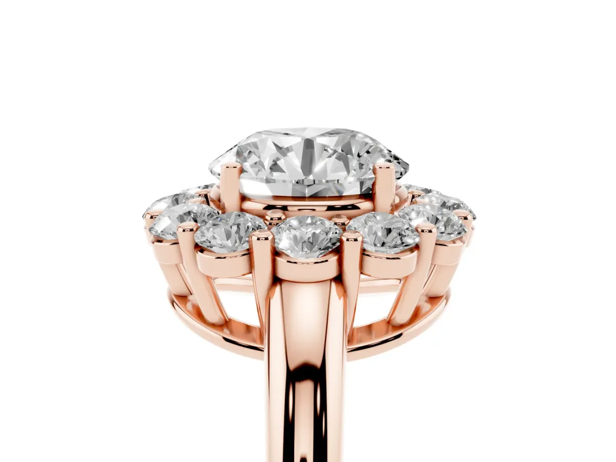 Round Cut Halo Cluster Diamond Engagement Ring with Prong Setting and Polished Band Rose gold