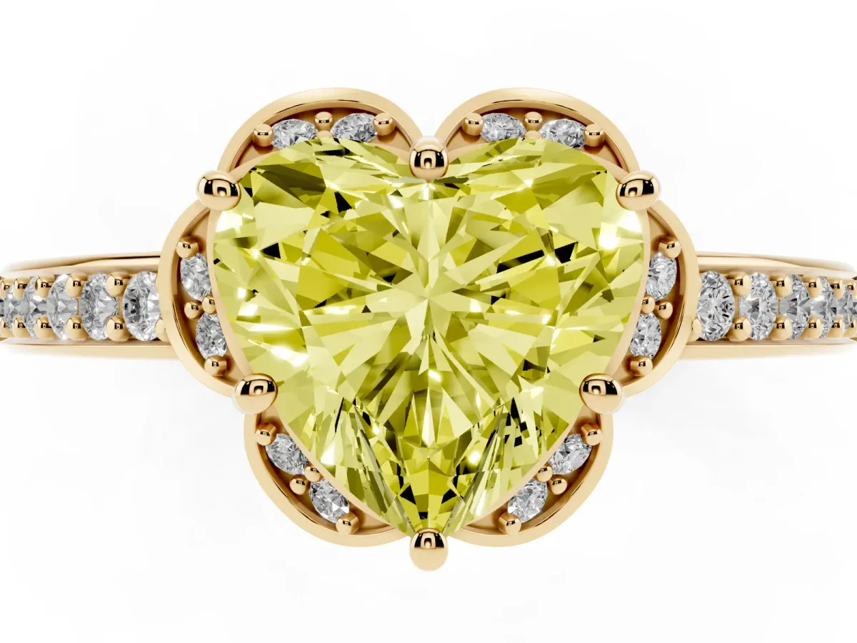 Fancy Yellow Heart Cut Cut Halo Diamond Ring with Channel Set Band and Four-Prong Setting Yellow gold