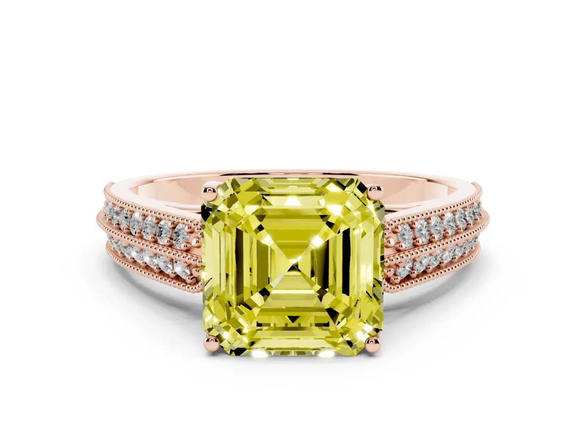 Fancy Yellow Asscher Cut Cut Pave Split Shank Engagement Ring with Four-Prong Setting Rose gold