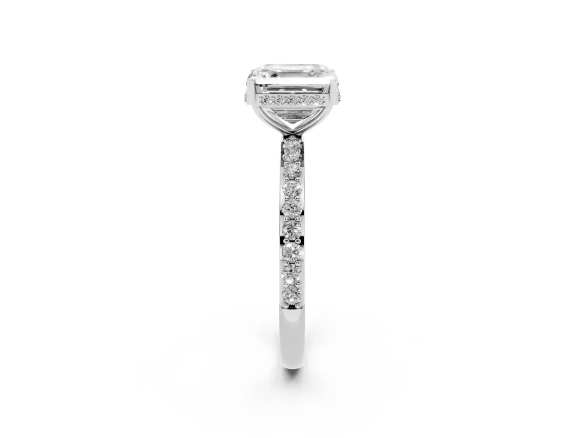 Asscher Cut Diamond Solitaire Ring with Pavé Band and Hidden Halo White gold