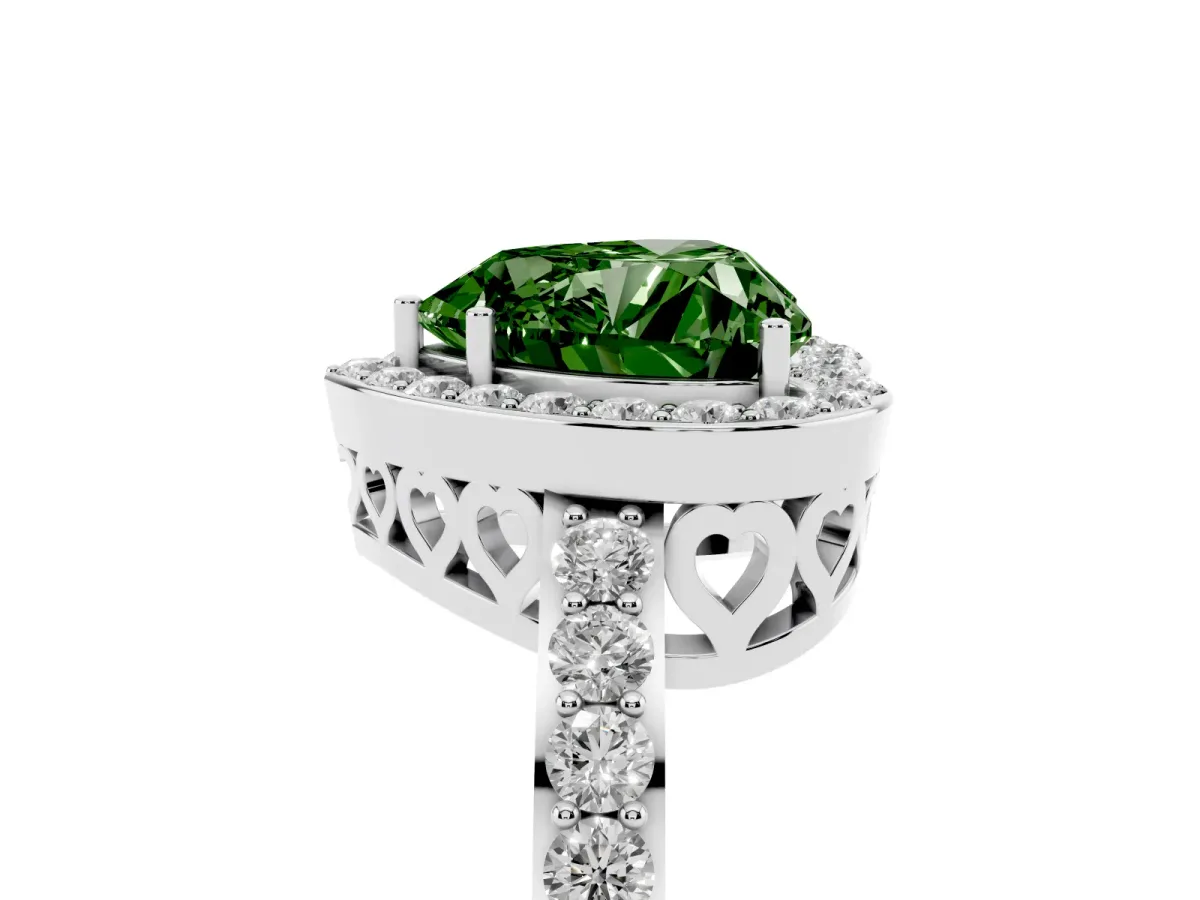 Fancy Green Heart Cut Halo Diamond Pavé Band Ring with Prong Setting Platinum